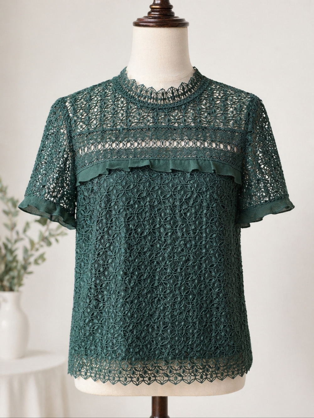 ZARA Emerald Green Lace Blouse Medium | Sheer Crochet Boho Romantic Top Office